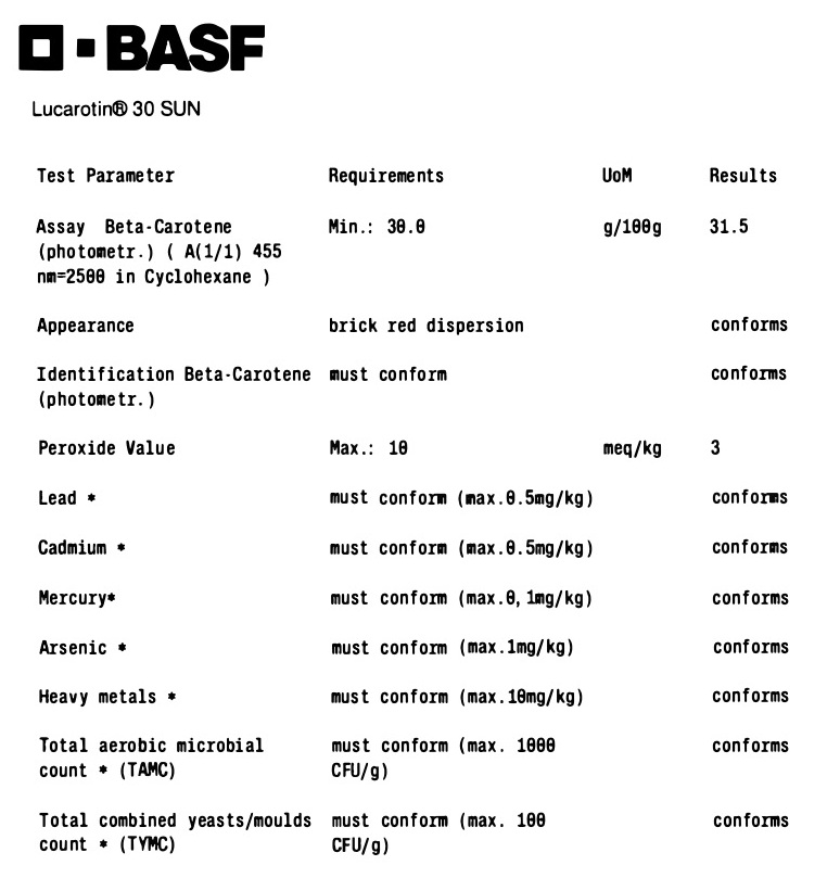 آنالیز بتاکاروتن مایع 30%